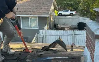Removing old damaged shingles during roof replacement in Glendale, CA