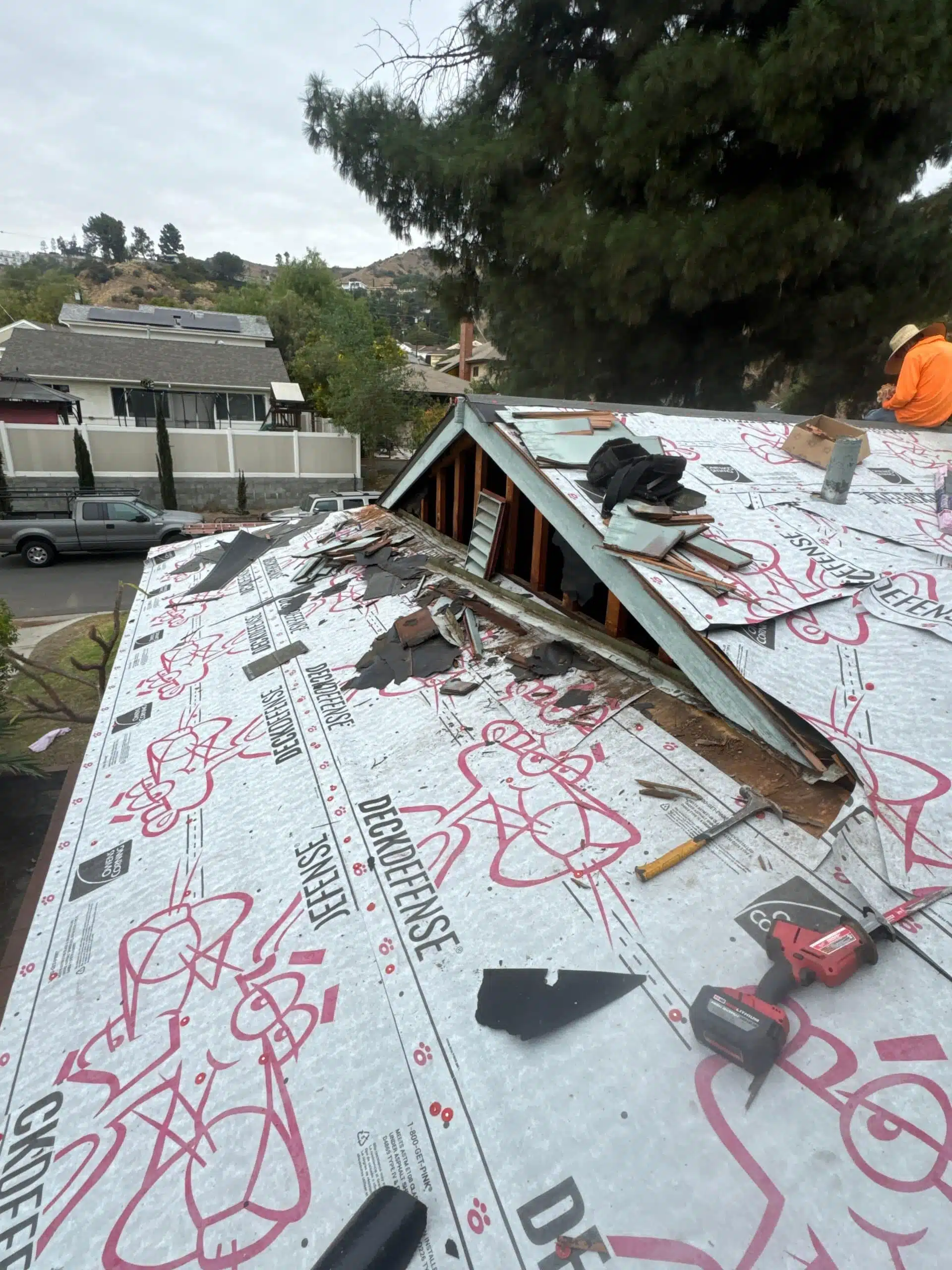 In-progress shot of roof deck reinforcement during Burbank roof repair
