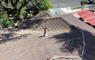 Brown shingle roof with surrounding greenery.