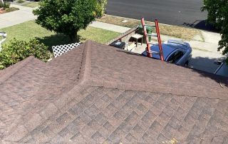 Brown shingle roof with ladder against car.
