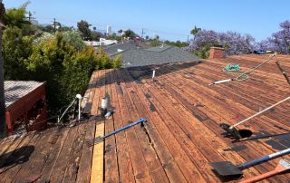 Roof repair with tools, sunny day, palm trees visible.