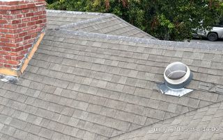 Brick chimney and skylight on shingled roof.