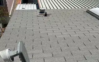 Residential rooftops in suburban neighborhood.