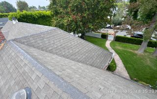 Gray shingle roof, green yard, and brick chimney view.