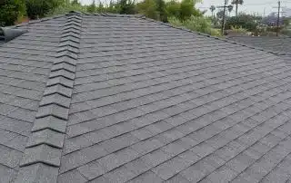 Gray shingled roof under cloudy sky.