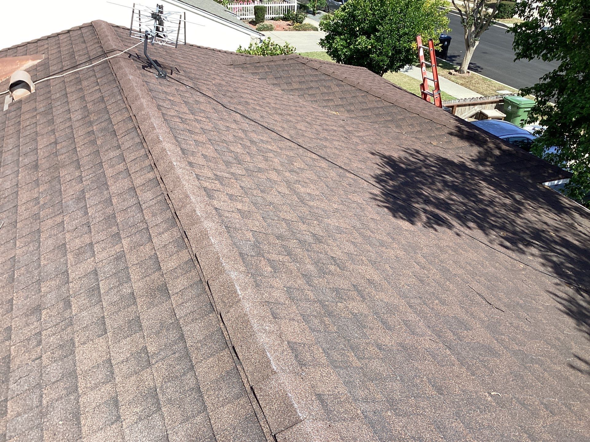 6-Jun 11 2025 03_39pm-YSyT Brown shingle roof with antenna and ladder nearby.