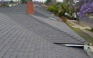 Gray roof with chimney and blooming trees