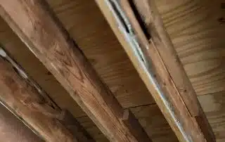 Wooden beams and ceiling structure in unfinished building.