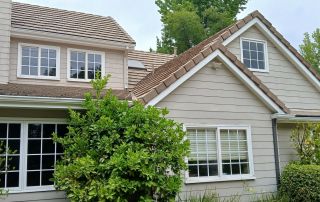 Suburban house with two-story design and greenery