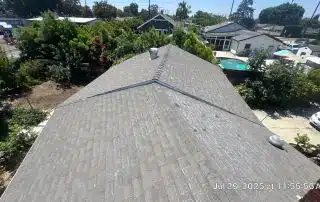 View from rooftop over suburban neighborhood with trees.