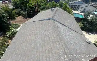 Shingle roof view with trees and pool.