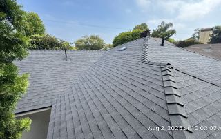 Gray shingle roof with green trees in background.