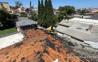 Roof repair with two workers on sunny day.