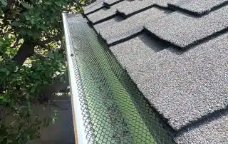 Rooftop gutter with leaf guard and shingles