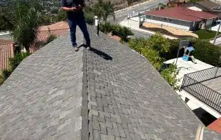 Person standing on rooftop with scenic city view.