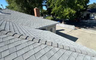 Gray shingled roof with trees and driveway.