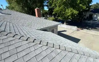 Gray shingled roof with trees and driveway.