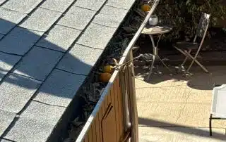 Rooftop with gutters and scattered leaves in sunlight.