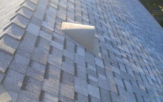 Sunlit shingle roof with vents and trees nearby.