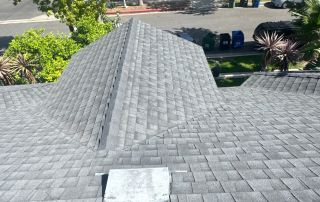 Gray shingled roof overlooking trees and street.