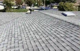Asphalt shingle roof with skylight in suburban area.