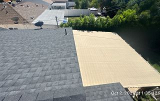View of rooftops and a garden.