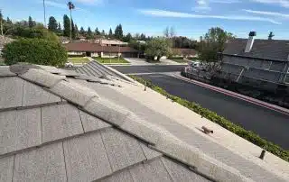 Suburban street view from rooftops, clear sky above.