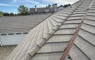 View of residential rooftops under cloudy sky.