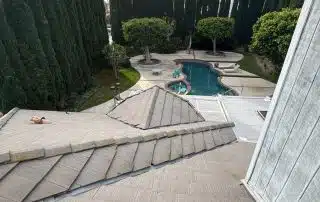 View of backyard pool surrounded by tall trees.
