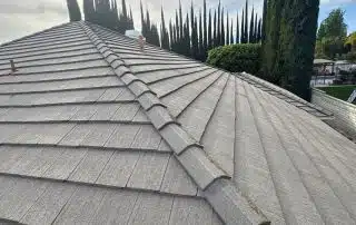 House roof with tall trees and bright sky.