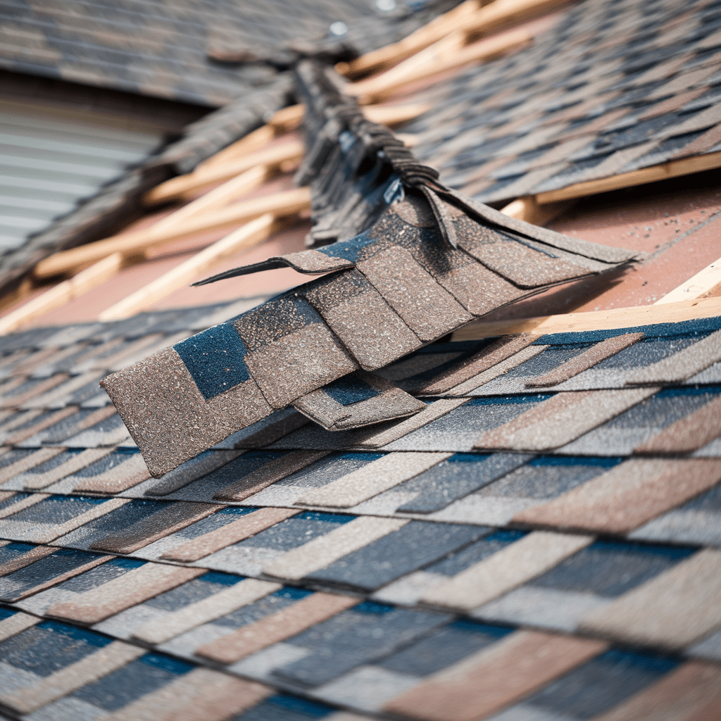 Wind-lifted and cracked asphalt shingles in need of replacement