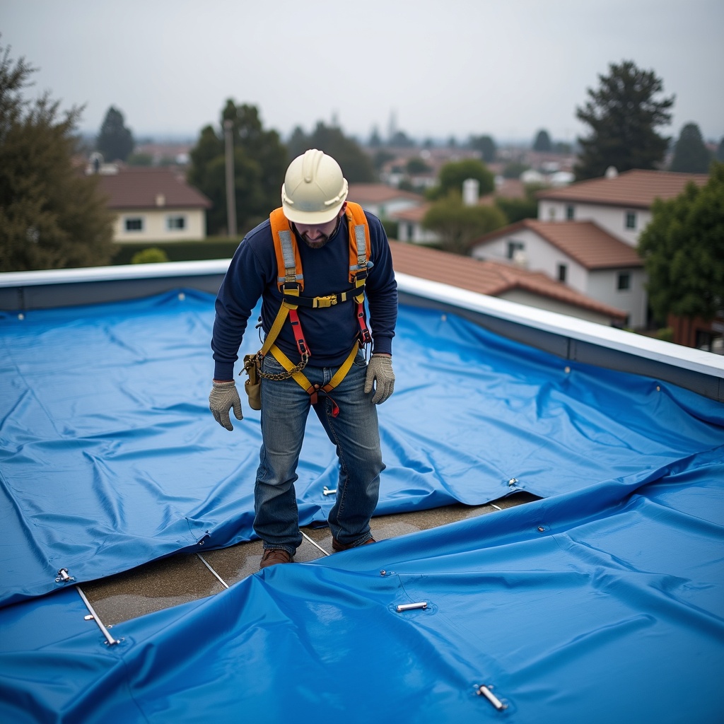 Emergency tarp going down on a leaking roof to stop water entry