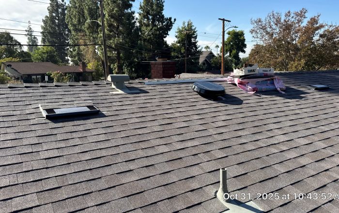 Asphalt shingle roof with vents and chimney