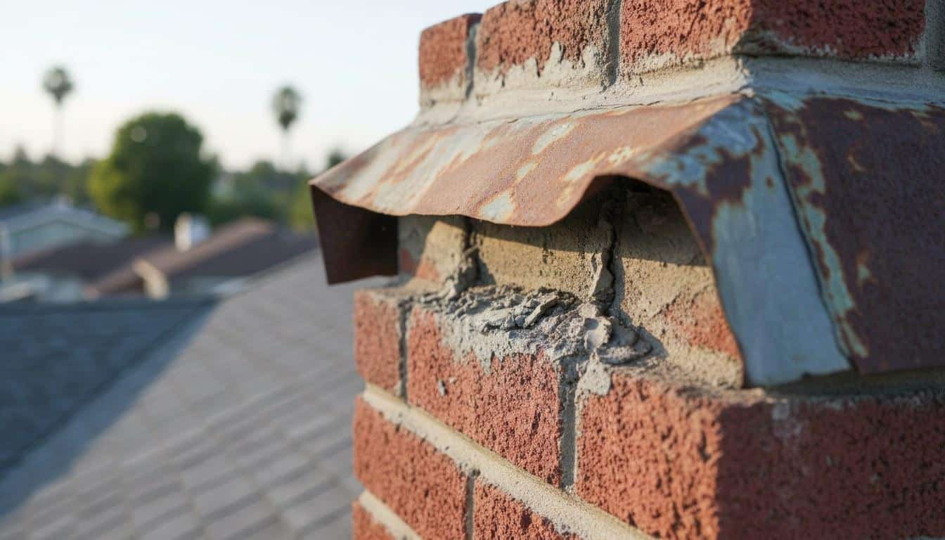 Lifted and rusted roof flashing at chimney base showing maintenance need on Los Angeles CA home