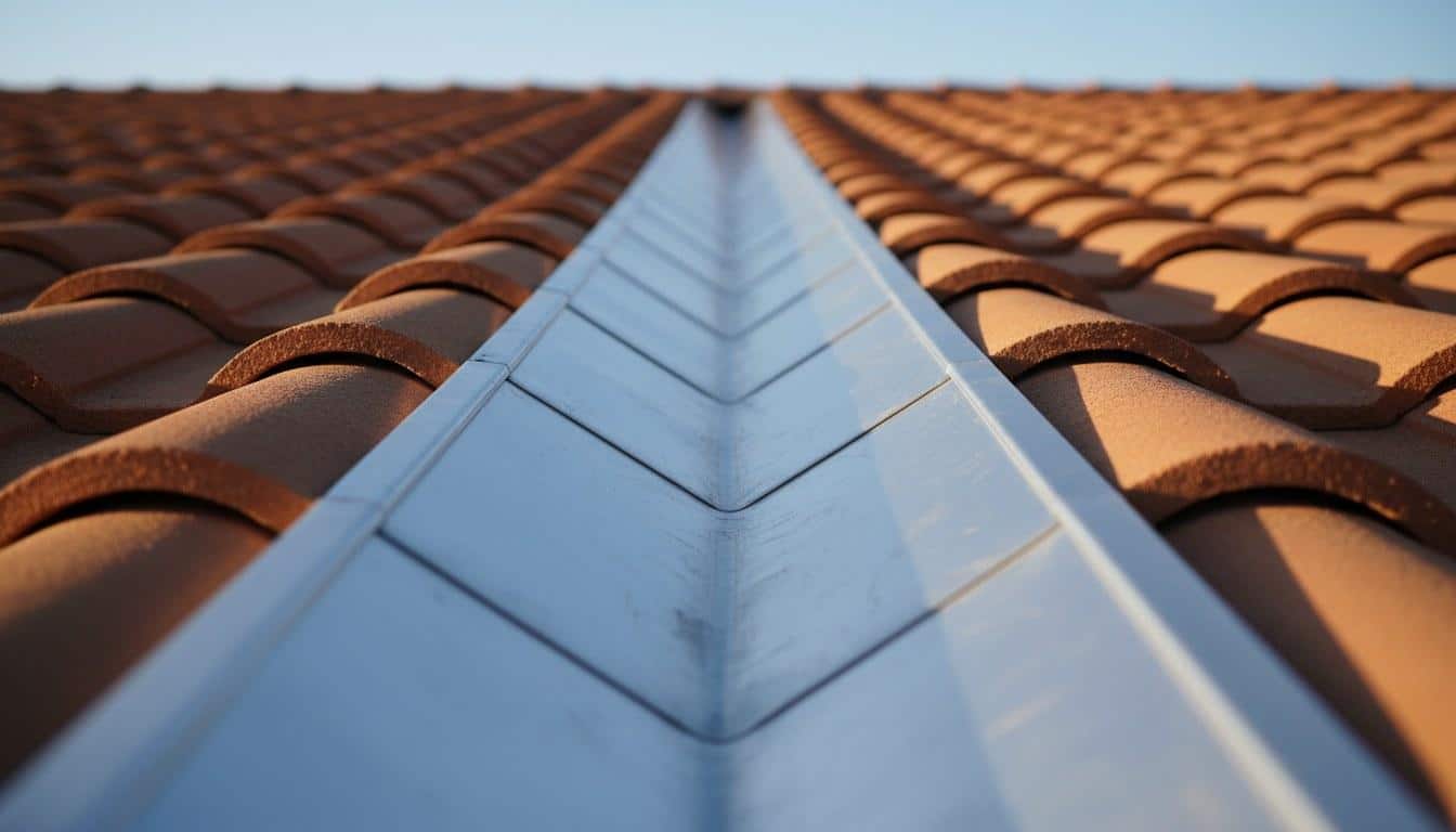 New aluminum valley flashing installed on clay tile roof in Los Angeles CA during roof maintenance
