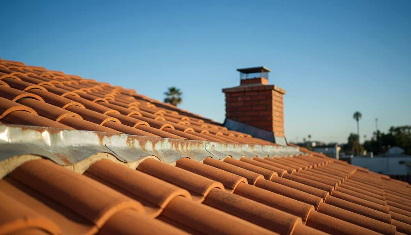 Clay tile roof with metal chimney flashing on a Los Angeles CA home in afternoon sunlight