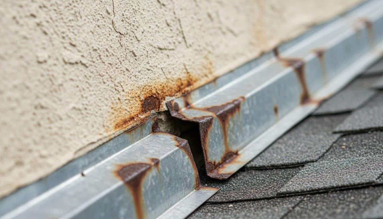 Corroded step flashing with visible gap at roof-to-wall joint showing need for affordable roof repair in Los Angeles