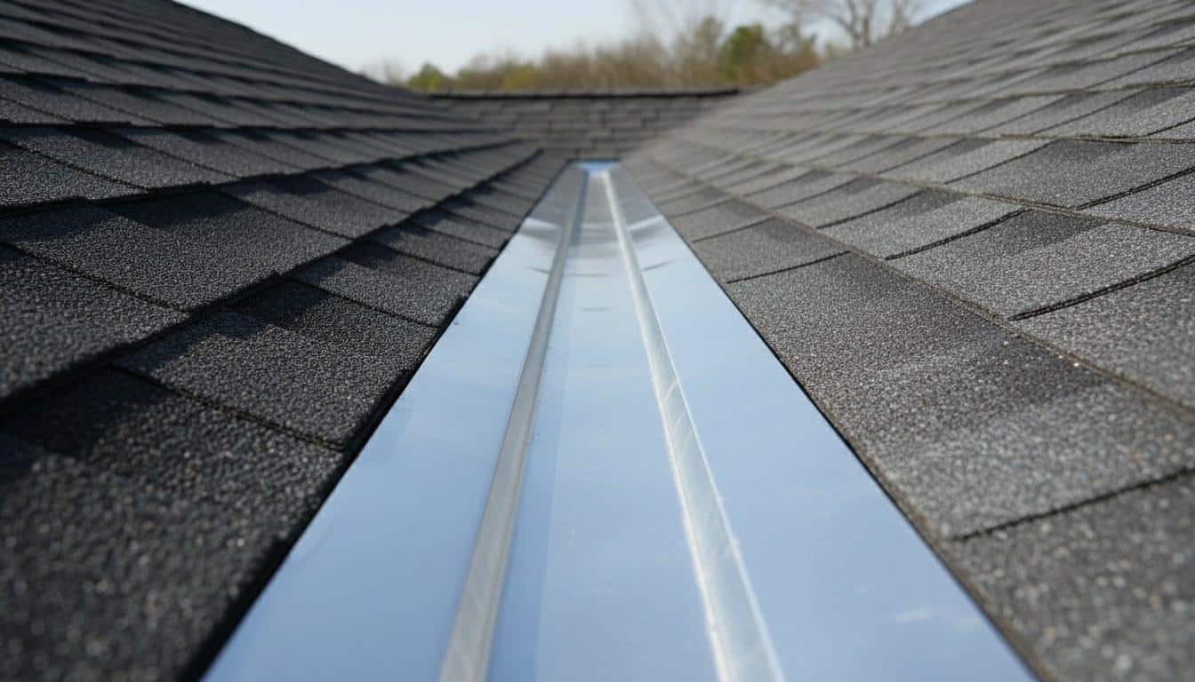 Newly installed aluminum valley flashing on asphalt shingle roof during roof repair in Los Angeles CA