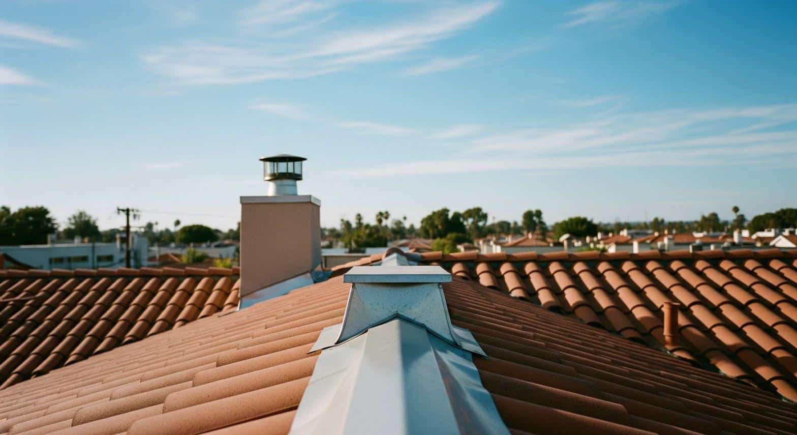 Clay tile roof and chimney flashing on a Los Angeles CA home showing common repair areas