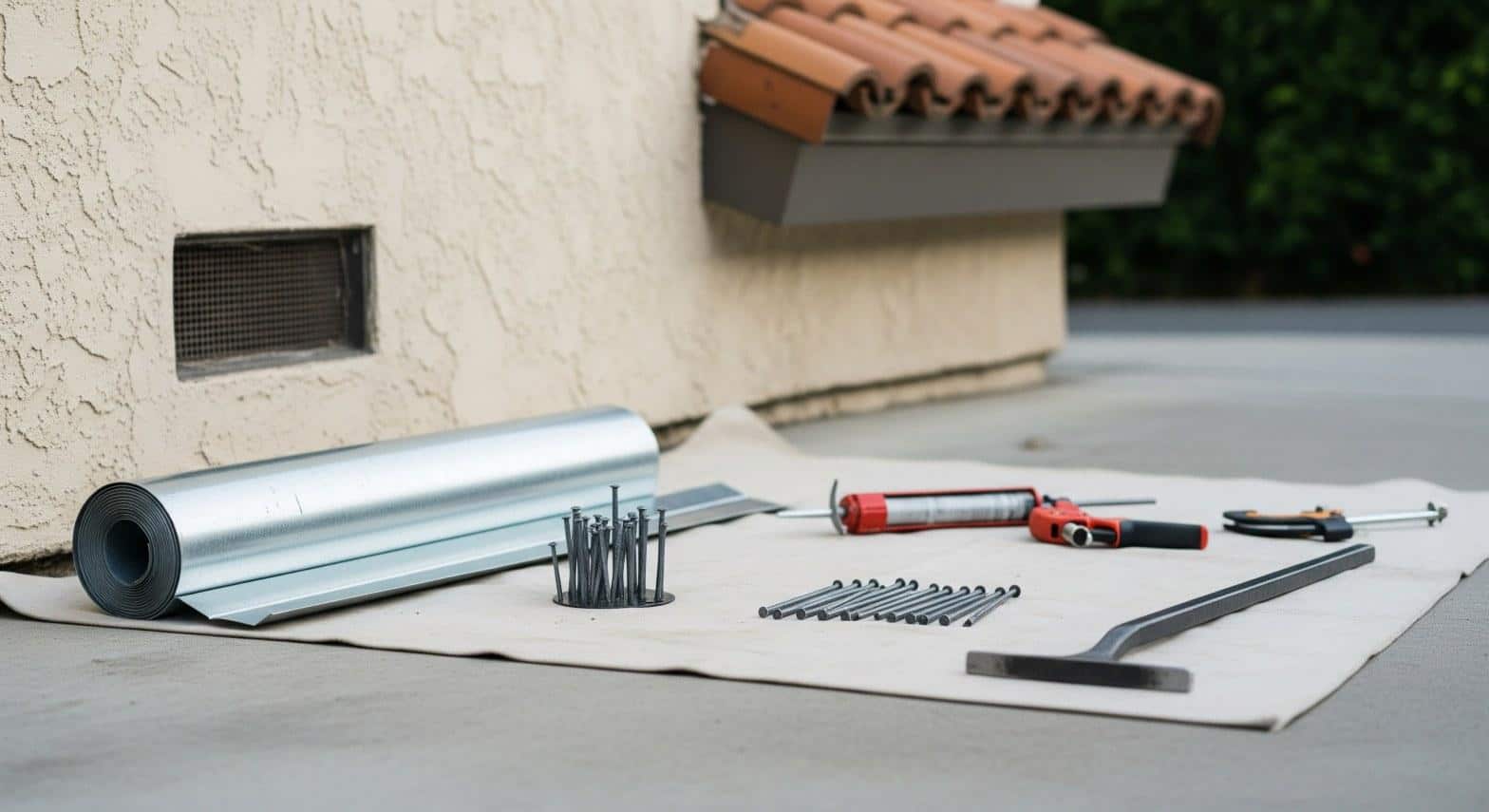 Roof repair tools and metal flashing materials staged at a Los Angeles CA home ready for a repair job