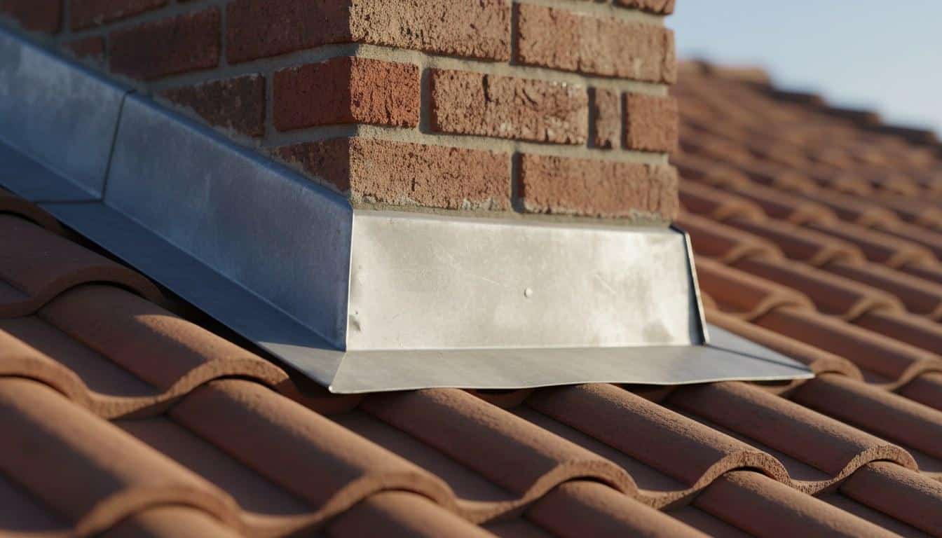 Weathered metal roof flashing at chimney base on a Los Angeles home with clay tile roof