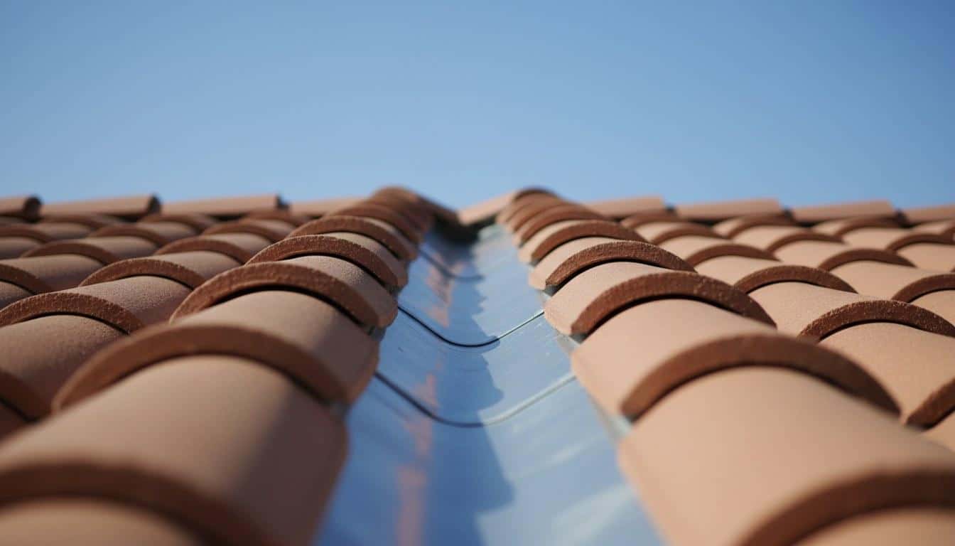 Roof valley flashing between two concrete tile roof planes on a Los Angeles residential roof