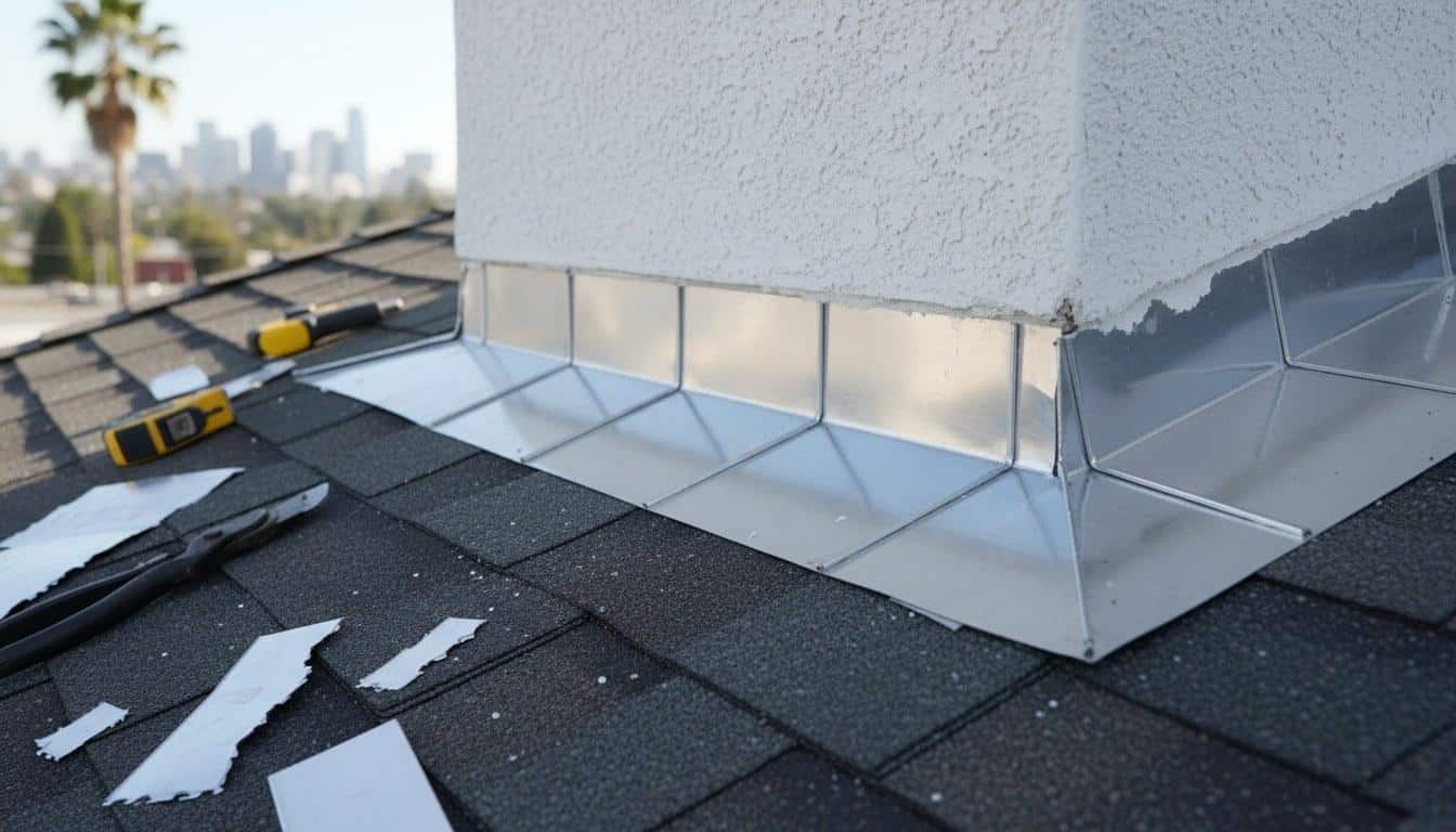 Newly installed step flashing at roof-to-wall junction on a Los Angeles stucco home
