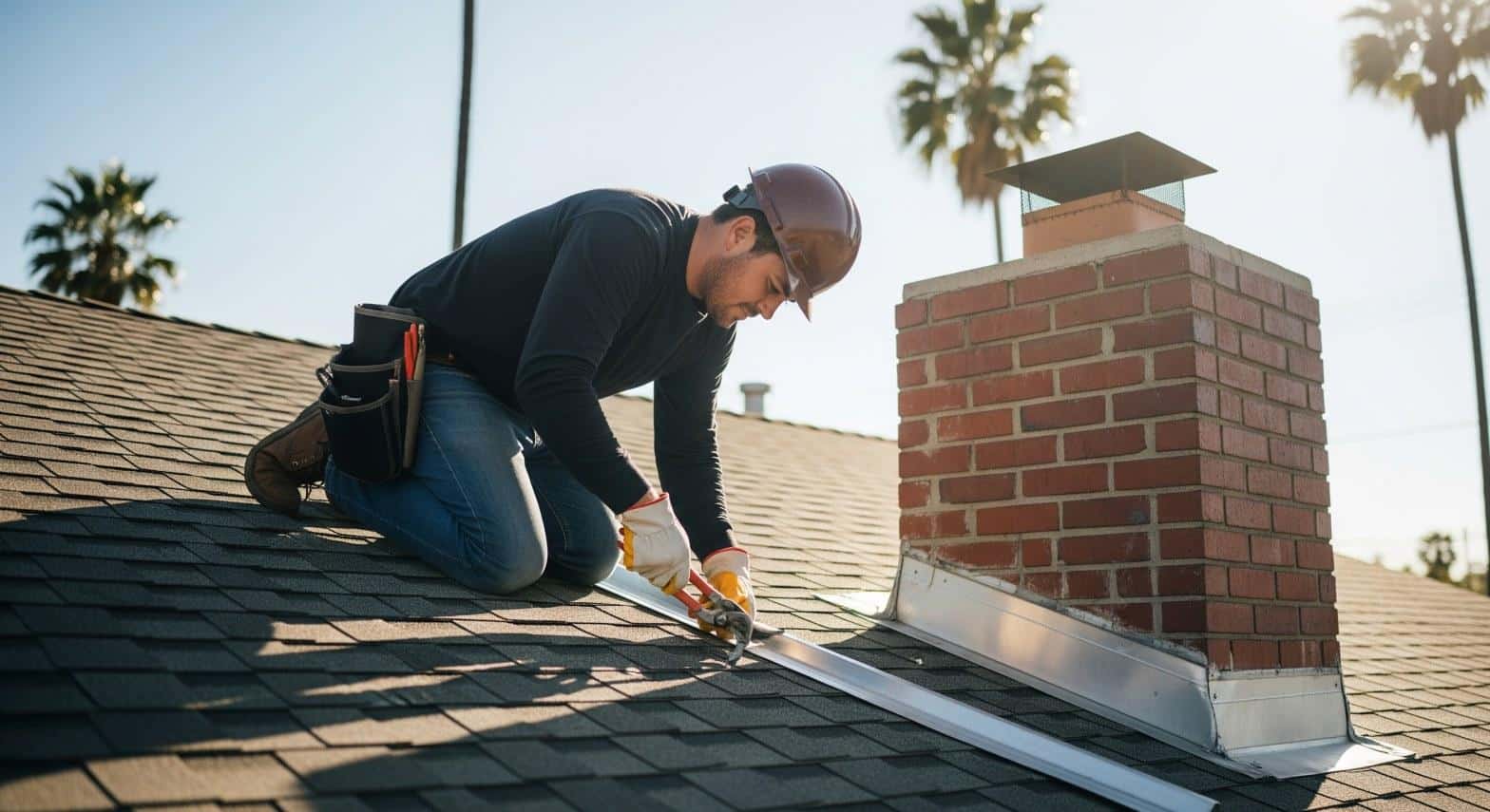 Roofing contractor cutting aluminum flashing beside a chimney on a Los Angeles home