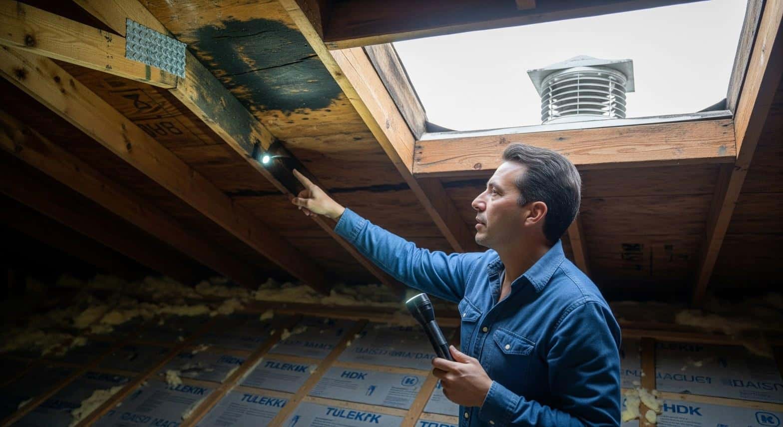 Homeowner inspecting water stain on attic rafter during roof leak inspection in Los Angeles CA