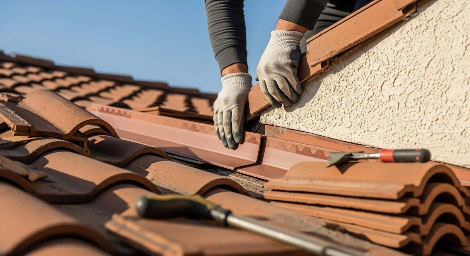 Roofer installing step flashing on a clay tile roof in Los Angeles CA
