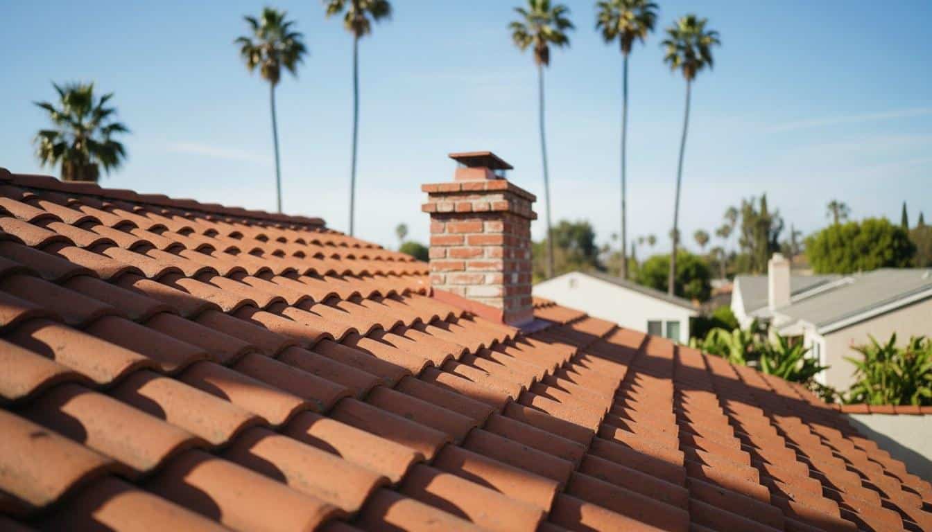 Clay tile roof on a Los Angeles CA home showing chimney and roof slope under bright sunlight