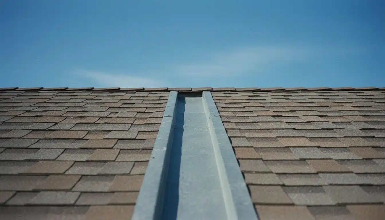 Metal valley flashing on a residential roof in Southern California CA showing open valley detail