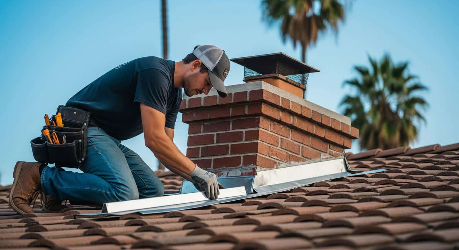 Licensed roofing contractor installing metal step flashing around a chimney on a clay tile roof in Los Angeles, CA
