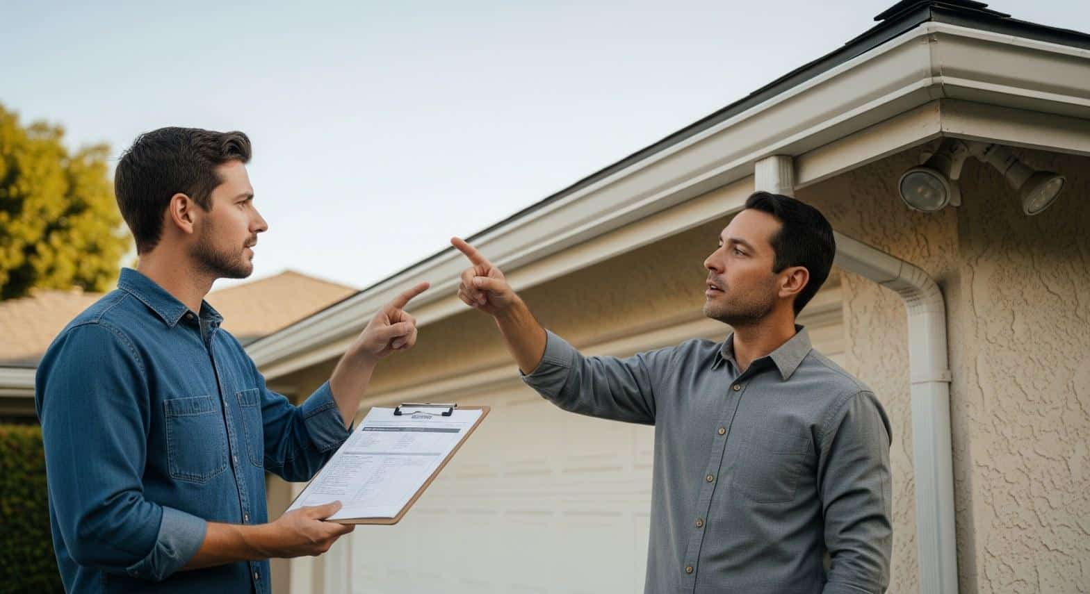 Roofing contractor reviewing a written flashing repair estimate with a Los Angeles homeowner outside their home